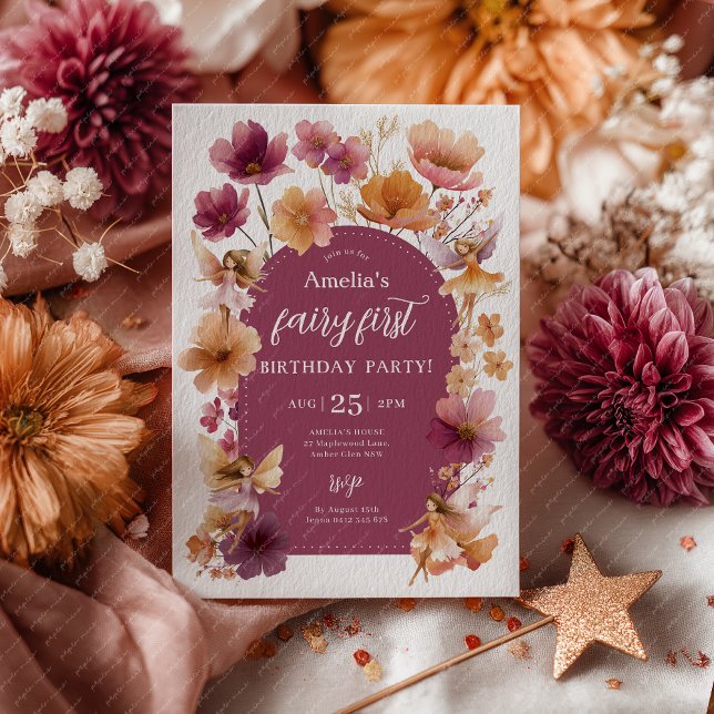 Convite Fairy 1st Birthday Fairy Fall Burgundy Orange (Fairy First Invitation in fall colors Burgundy and Orange)