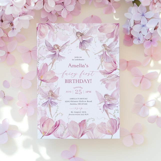 Convite Fairy 1st Birthday Girls Fairy Party Pink Purple  (Pink and Purple Fairy First Birthday Invitation)