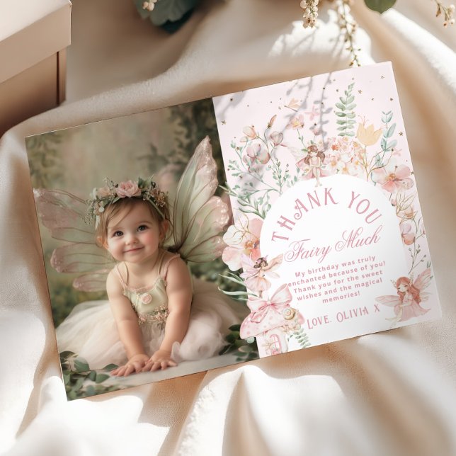 Convite Fairy 1st Birthday Whimsical Photo Thank you Card (Criador carregado)