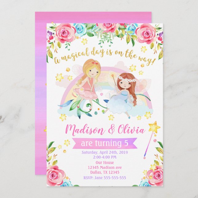 Convite Fairy Birthday Invation / Joint Twins Party (Frente/Verso)