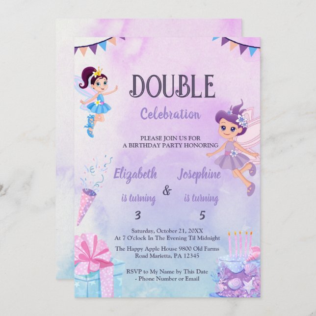 Convite Fairy Double Birthday Party For Girls (Frente/Verso)