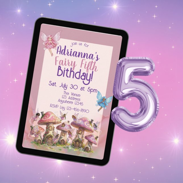 Convite Fairy Fifth, Pink Purple 5th Birthday (Criador carregado)