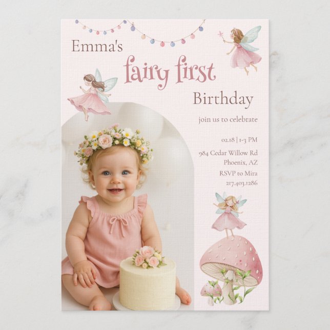 Convite Fairy First 1st Birthday Enchanted Magical (Frente)