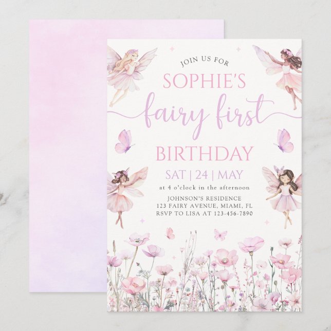 Convite Fairy First 1st Birthday Party Invitation (Frente/Verso)