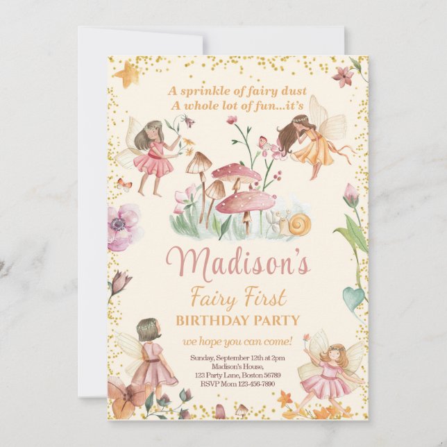 Convite Fairy First Birthday Convite Fairy Convite (Frente)