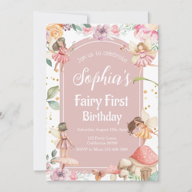 Convite Fairy First Birthday Convite Fairy Convite (Frente)