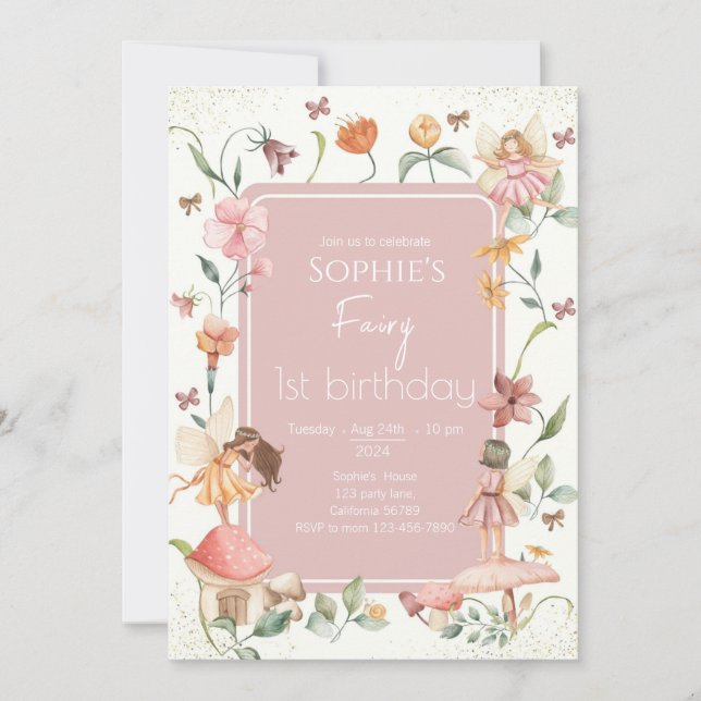 Convite Fairy First Birthday Convite Fairy Convite (Frente)