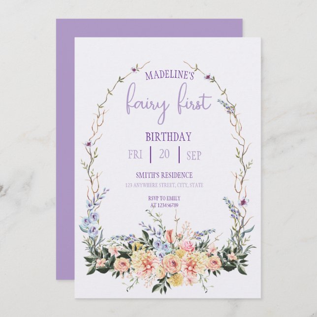 Convite Fairy First  Birthday Forest Watercolor Mushroom  (Frente/Verso)