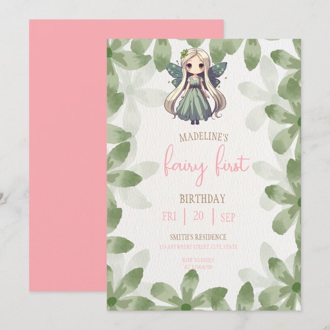 Convite Fairy First Birthday Forest Watercolor Mushroom  (Frente/Verso)