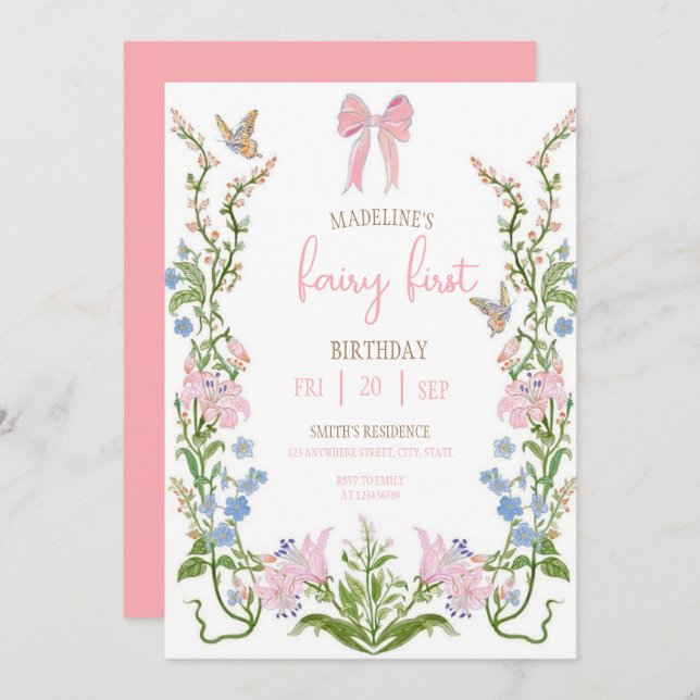 Convite Fairy First Birthday Forest Watercolor Mushroom  (Frente/Verso)