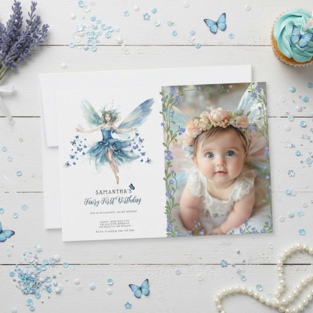 Convite Fairy First Birthday Invitation | Dusty Blue (Criador carregado)
