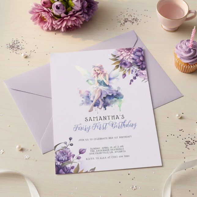 Convite Fairy First Birthday Invitation | Dusty Purple (Criador carregado)