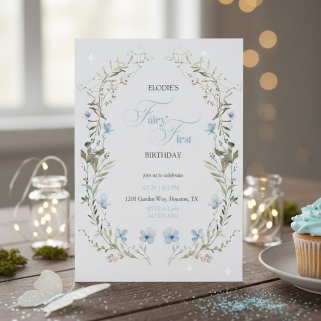 Convite Fairy First Birthday Invitation | Elegant Blue  (Criador carregado)