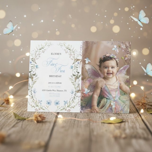 Convite Fairy First Birthday Invitation | Floral Photo  (Criador carregado)