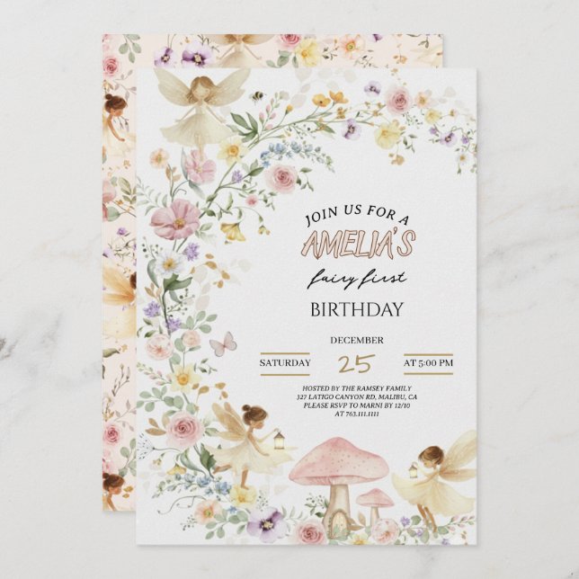Convite Fairy First Birthday Invitation Wildflower 1st (Frente/Verso)