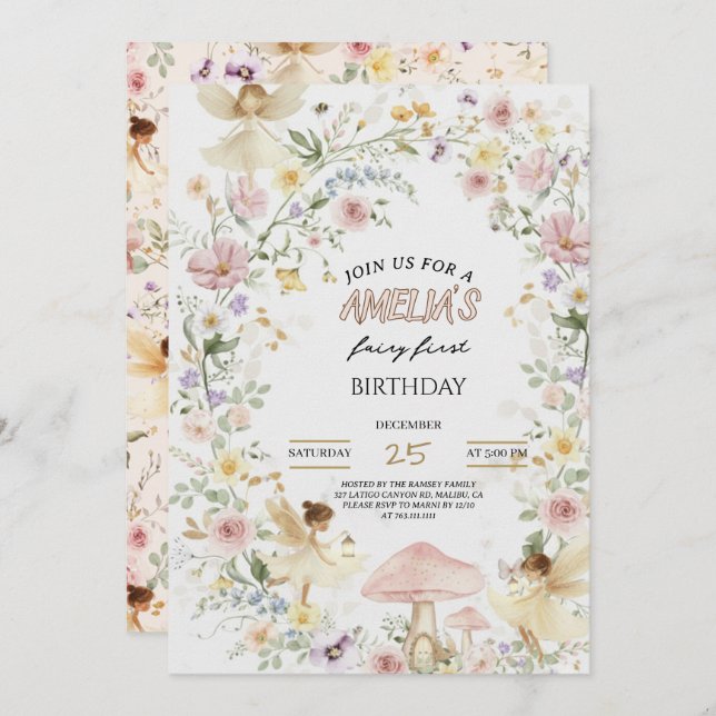 Convite Fairy First Birthday Invitation Wildflower 1st (Frente/Verso)