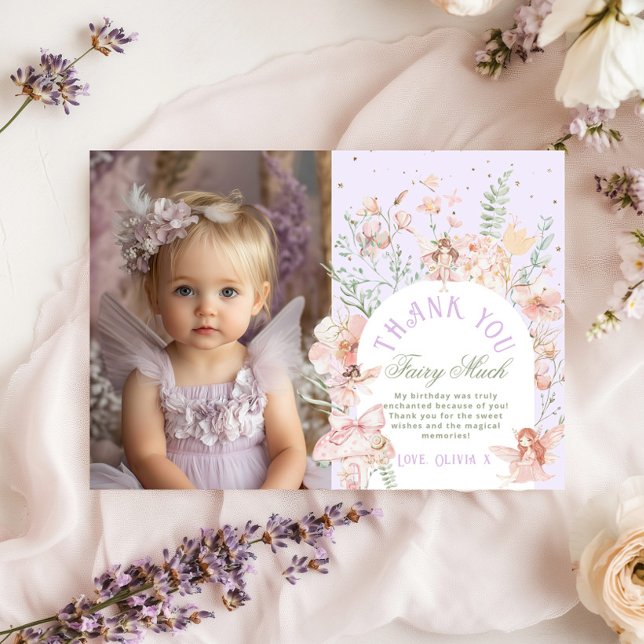 Convite Fairy First Birthday Lilac Photo Thank You Card (Criador carregado)