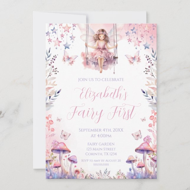 Convite Fairy First birthday Party Invitation (Frente)