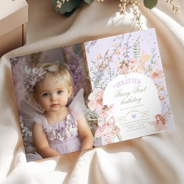 Convite Fairy First Birthday Pastel Lilac Whimsical Photo (Criador carregado)