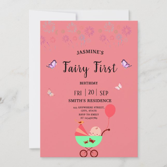Convite Fairy First  Birthday pink party Invitation (Frente)