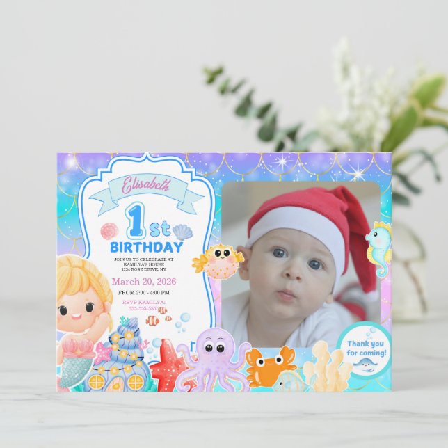 Convite Fairy First Purple Sea Photo 1st Birthday  (Em pé/Frente)