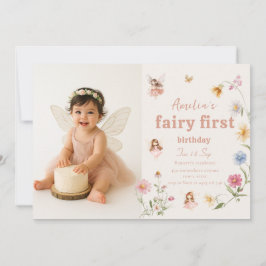 Convite Fairy First Watercolor Widflower Birthday Photo