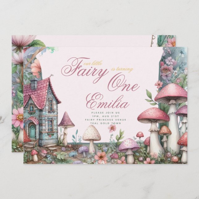 Convite Fairy Garden primeiro aniversario ou EDIT AGE Teal (Frente/Verso)