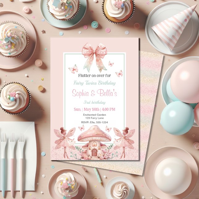 Convite Fairy Girls Mushroom House Gêmeos de fita Aniversá (Criador carregado)
