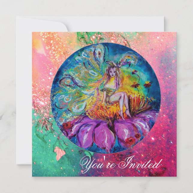 Convite FAIRY IN NIGHT, cor-de-rosa, amarelo-azul (Frente)