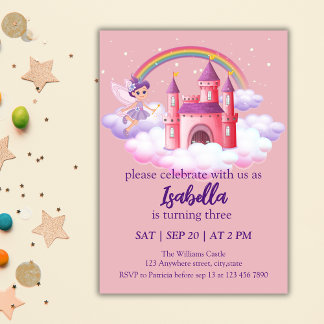 Convite Fairy Kid's Birthday Fairytale Castle Rainbow 