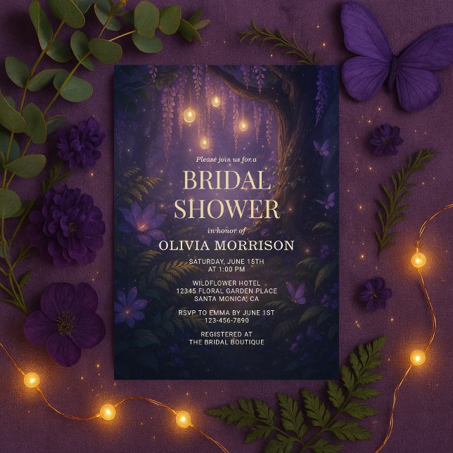 Convite Fairy Lights Enchanted Forest Purple Bridal Shower (Criador carregado)