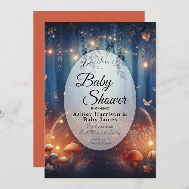Convite Fairy Lights in a Moonlit Forest Baby Shower (Frente/Verso)