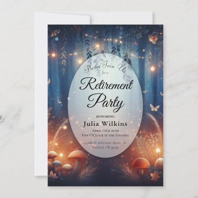 Convite Fairy Lights in a Moonlit Forest Retirement Party (Frente)