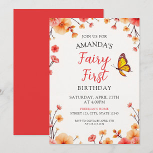 Convite Fairy Orange Floral Butterfly Primeiro Aniversário