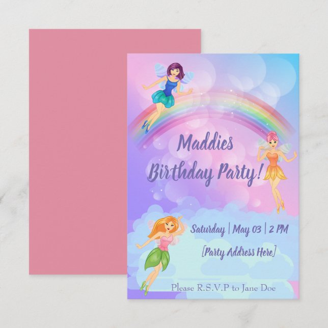 Convite Fairy Rainbow Birthday Invances (Frente/Verso)