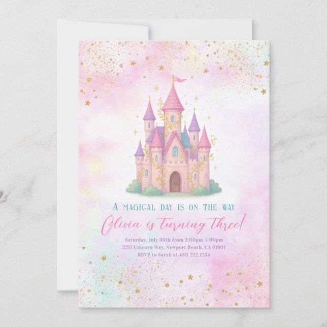 Convite Fairy Tale Castle Pink Birthday Party Invitation (Frente)