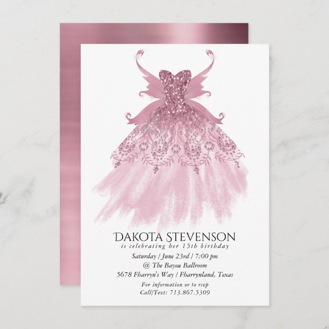 Convite Fairy Wing Mauve Gown | Luxurioso Pink Sheen (Frente/Verso)