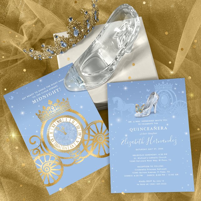 Convite Fairytale Baby Blue Cinderella Quinceanera (Light blue and gold Cinderella quinceanera invitations that will bring the magic to your big day!)