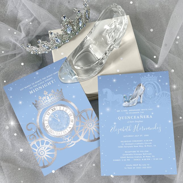 Convite Fairytale Baby Blue Silver Cinderela Quinceanera (Fairytale Cinderella Princess Invitations for a Quinceanera, Sweet Sixteen or other magical day!)