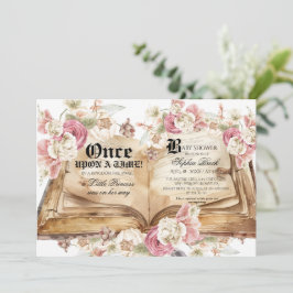 Convite Fairytale Book Pink Rose Floral Baby Shower