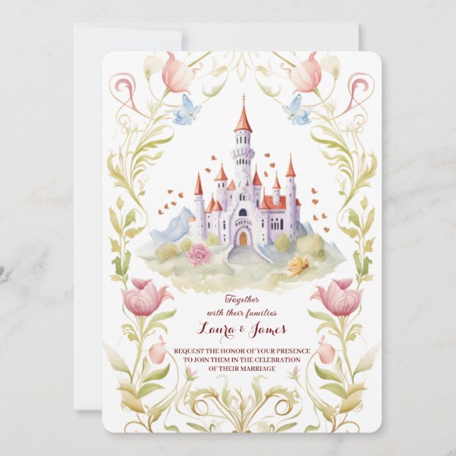 Convite Fairytale Castle Pastel Watercolor Floral Wedding (Frente)