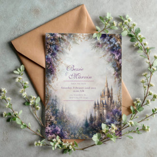 Convite Fairytale Castle Purple Floral Misty Wedding