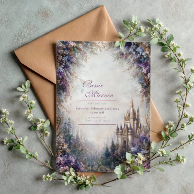 Convite Fairytale Castle Purple Floral Misty Wedding (Criador carregado)