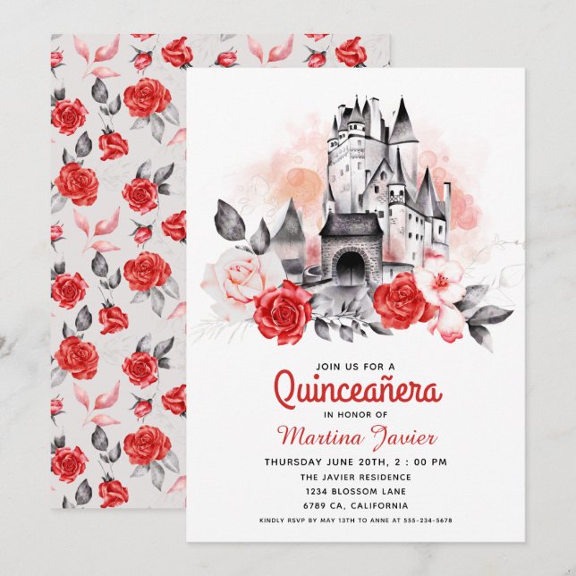 Convite Fairytale Castle Quinceañera Rosa vermelha 15 Birt (Frente/Verso)