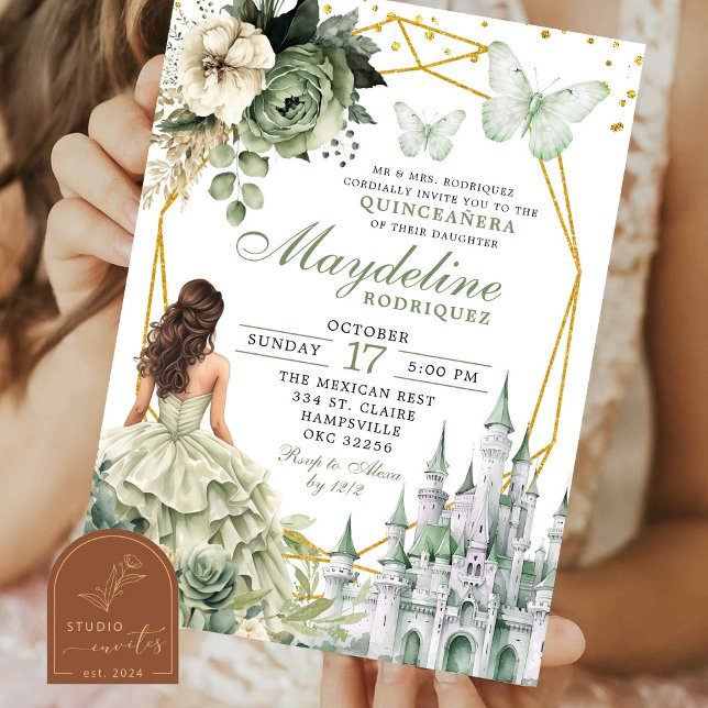 Convite Fairytale Castle Sage Green Floral Quinceanera (Criador carregado)