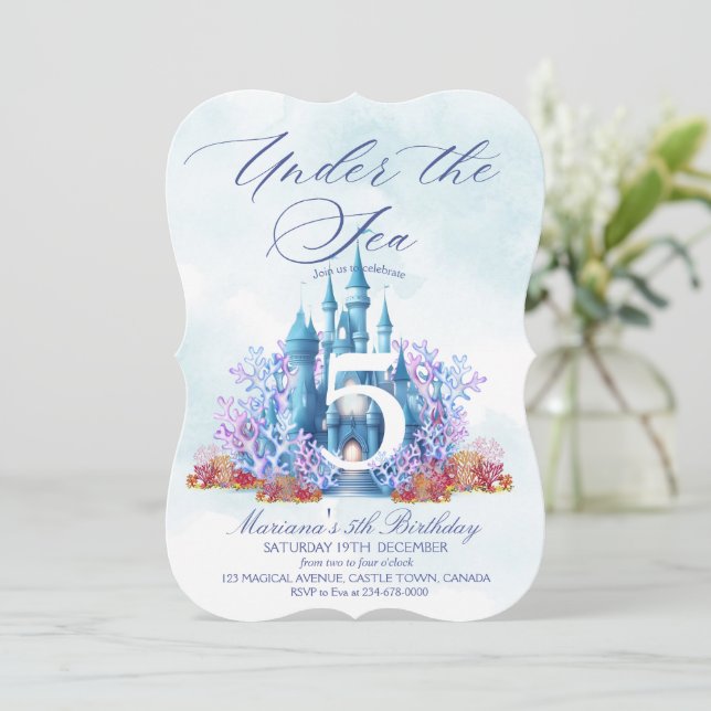 Convite Fairytale Castle Underwater Watercolor Birthday  (Em pé/Frente)