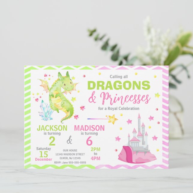 Convite Fairytale Dragon Princess Joint Birthday (Em pé/Frente)