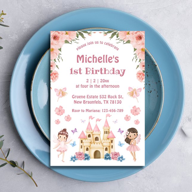 Convite Fairytale e primeiro aniversario floral cor-de-ros (Criador carregado)