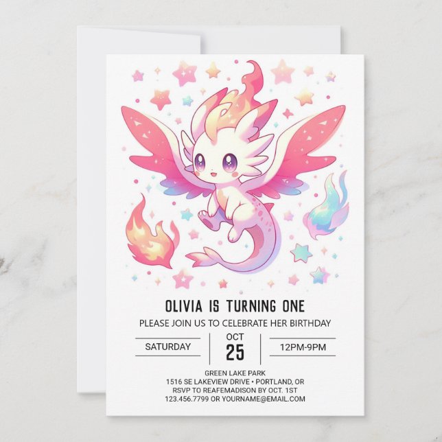Convite Fairytale Fiery Dragon primeiro aniversario (Frente)