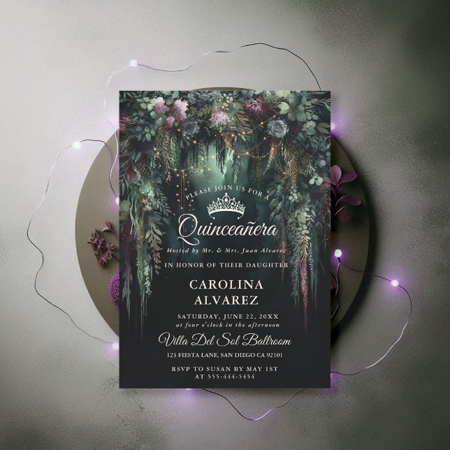 Convite Fairytale Floral Quinceañera, Arca Florestal Encan (enchanted forest quinceanera emerald green mauve purple arch woodland fairy tale faerie invitation)